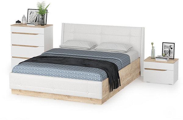 Муссон Кровать 11.28 + подъёмный ортопед + Тумба 16.03 + Комод 13.97, цвет белый/дуб эндгрейн элегантный/кожзам белый, сп. м. 1600х2000 мм., б/м