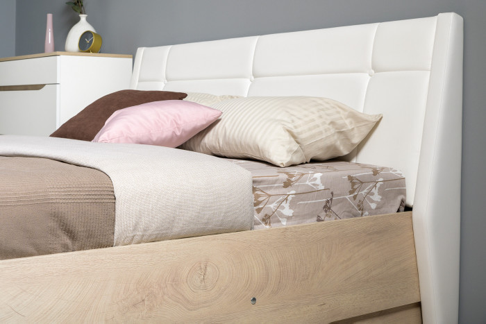 Муссон Кровать 11.28 + подъёмный ортопед + Тумба 16.03 + Комод 13.97, цвет белый/дуб эндгрейн элегантный/кожзам белый, сп. м. 1600х2000 мм., б/м