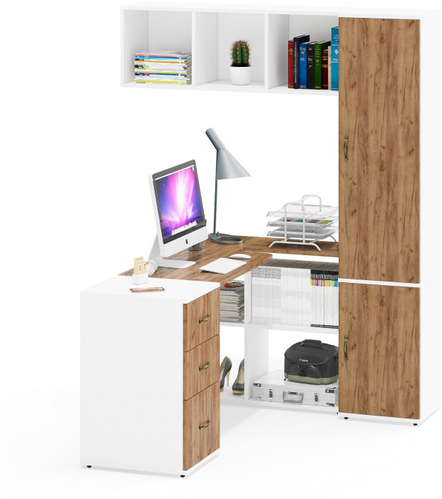 Лидер-8 Стол + Полка + Тумба МД 3.16 + Пенал МД 21Б, белый шагрень/крафт золото