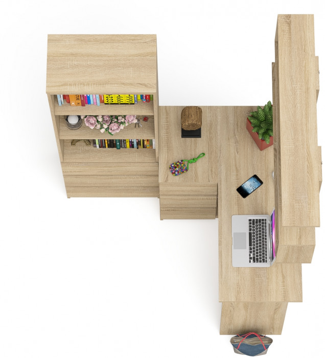 Мори компьютерный стол МС-16 левый + Стеллаж МСТ600.3 + Полка 1200, дуб сонома