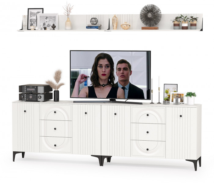 Валенсия Гостиная № 090, цвет ЛДСП белый шагрень/МДФ белый шагрень, ШхГхВ 266,3х38,4х205 см.