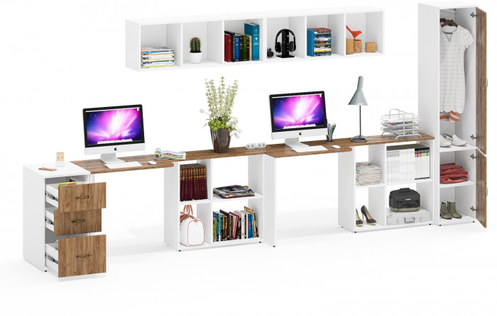 Лидер-8 Стол + Полка + Стол + Полка + Пенал МД 21Б + Тумба МД 3.16, белый шагрень/крафт золото