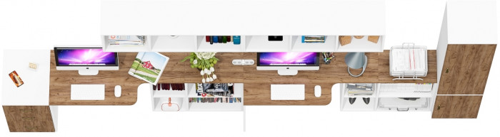 Лидер-8 Стол + Полка + Стол + Полка + Пенал МД 21Б + Тумба МД 3.16, белый шагрень/крафт золото