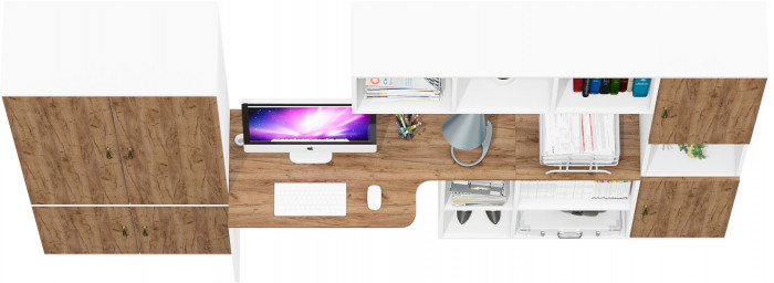 Лидер-8 Шкаф МД 20Б + Стол + Полка + Пенал, белый шагрень/крафт золото