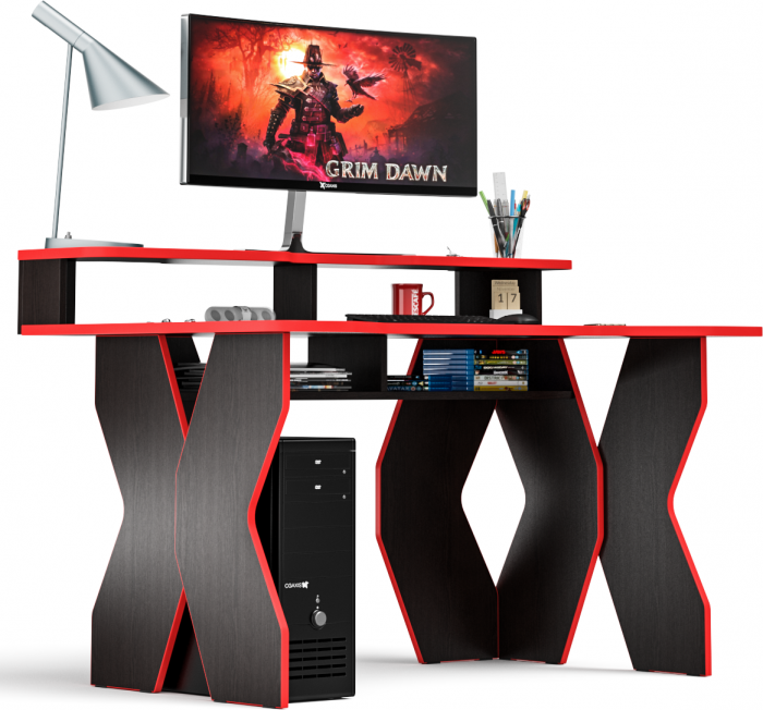Стол компьютерный с надстройкой С-МД-СК5-1400Н, цвет венге/кромка красная, ШхГхВ 140х90х91(75) см. (Стол для геймера Краб-5 с надстройкой)