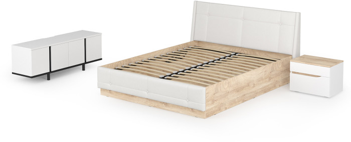 Муссон Кровать 11.28 + подъёмный ортопед + Тумба 16.03 + Тумба ТВ 13.276, цвет белый/чёрный/дуб эндгрейн элегантный/кожзам белый, 1600х2000 мм., б/м