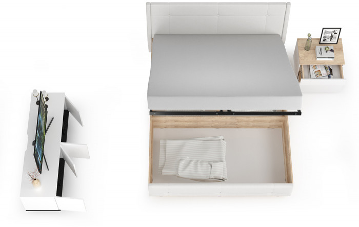 Муссон Кровать 11.28 + подъёмный ортопед + Тумба 16.03 + Тумба ТВ 13.276, цвет белый/чёрный/дуб эндгрейн элегантный/кожзам белый, 1600х2000 мм., б/м