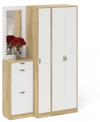 Прихожая П-6 Компоновка № 49, цвет дуб сонома/фасады МДФ белое дерево фрезеровка прованс, ШхГхВ 140х50х210 см., универсальная сборка