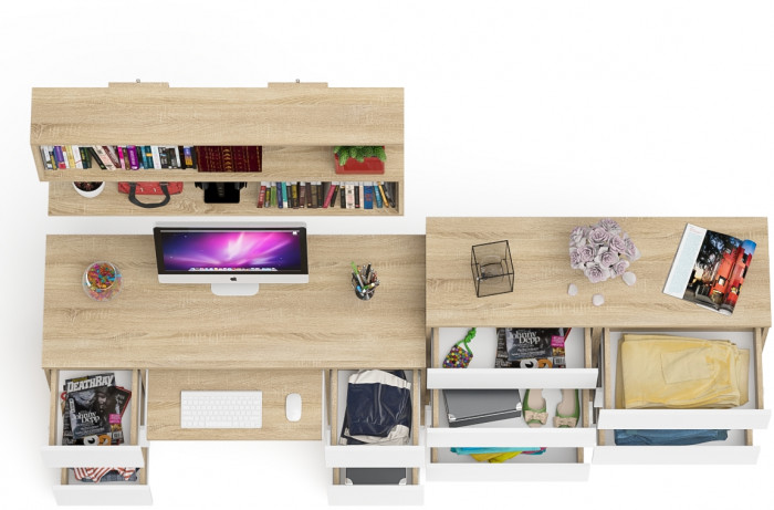 Мори компьютерный стол МС-2 + Комод МК1200.8 + Полка 1200, дуб сонома/белый