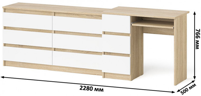 Мори компьютерный стол МС-6 левый + Комод МК1380.6, дуб сонома/белый