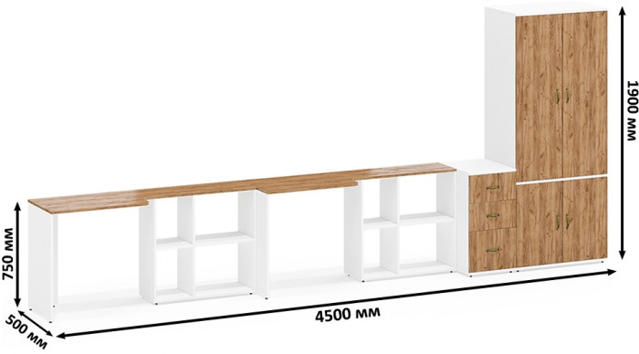 Лидер-8 Стол + Стол + Шкаф МД 19Б + Тумба МД 3.16, цвет белый шагрень/крафт золото, ШхГхВ 450х50х75/190 или 230х200/50х75/190 см., НЕ ун. сб.