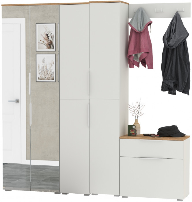 Октава Прихожая 30, цвет белый шагрень/дуб крафт золотой/фасады МДФ белый шагрень, ШхГхВ 193,7х35,4х197,6 см., универсальная сборка