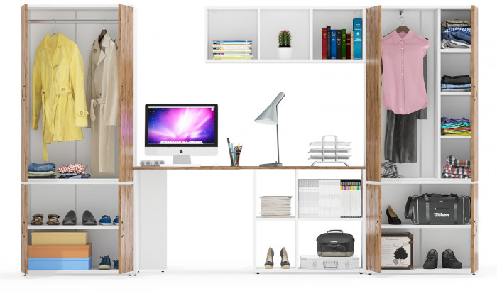 Лидер-8 Шкаф МД 20Б + Стол + Полка + Шкаф МД 19Б, белый шагрень/крафт золото