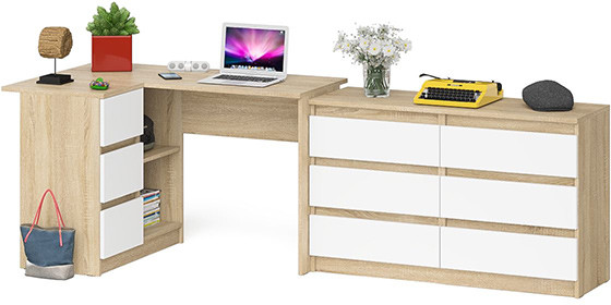Мори компьютерный стол МС-16 левый + Комод МК1200.6, дуб сонома/белый