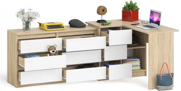 Мори компьютерный стол МС-16 левый + Комод МК1200.6, дуб сонома/белый