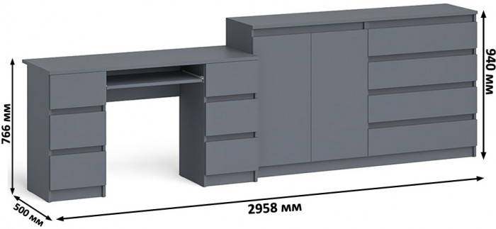 Мори Стол компьютерный МС-2 + Комод МК1600.1, цвет графит, ШхГхВ 295,8х50х94 см., универсальная сборка