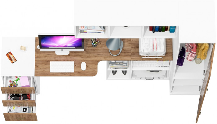 Лидер-8 Стол + Полка + Тумба МД 3.16 + Пенал МД 23Б, белый шагрень/крафт золото