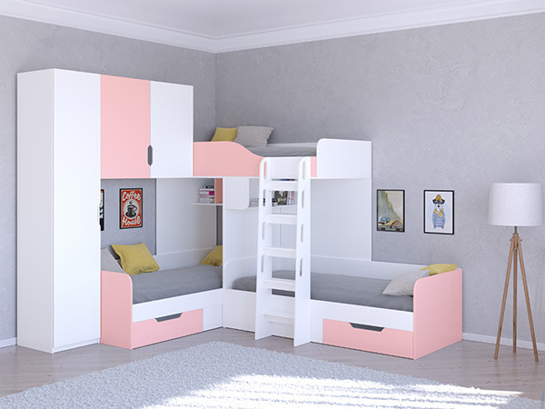 Трехместная кровать ТРИО/1 Белый/Розовый