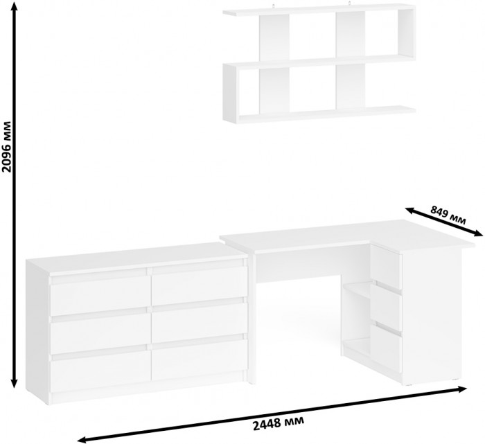 Мори компьютерный стол МС-16 правый + Комод МК1200.6 + Полка 1200, белый