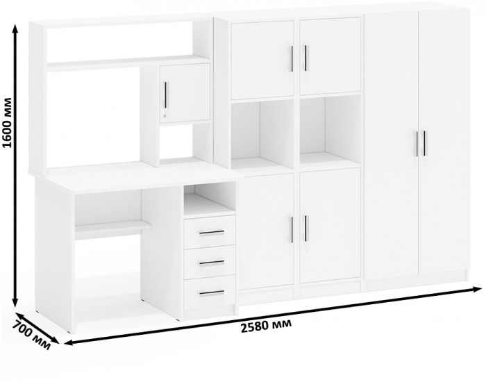 С-МД-СК9 Компоновка № 03, цвет белый шагрень, ШхГхВ 258х70х160 см., НЕ универсальная сборка