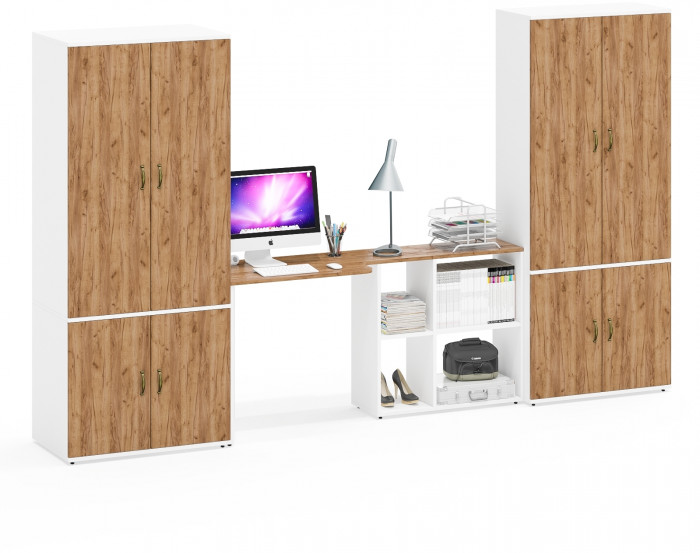 Лидер-8 Шкаф МД 20Б + Стол + Шкаф МД 19Б, белый шагрень/крафт золото