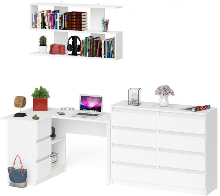 Мори компьютерный стол МС-16 левый + Комод МК1200.8 + Полка 1200, белый