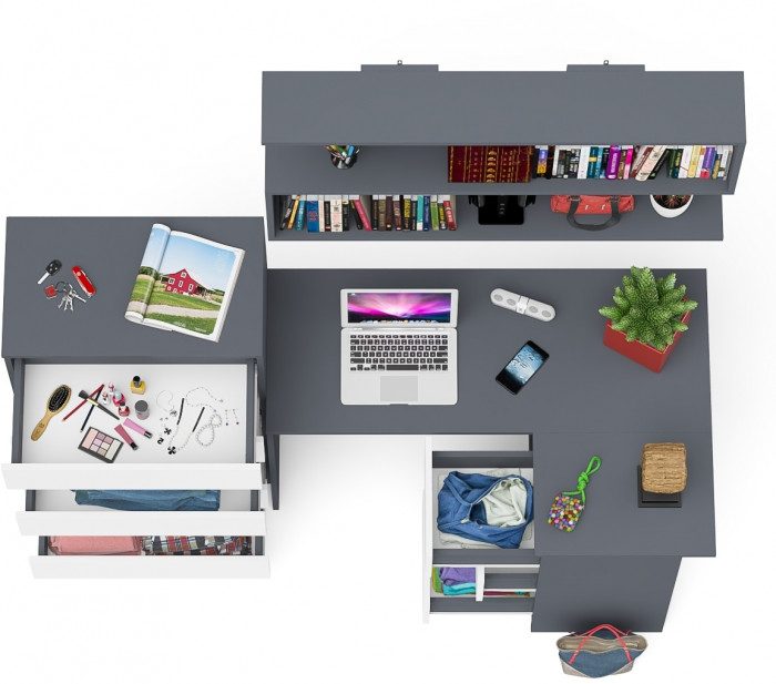 Мори компьютерный стол МС-16 правый + Комод МК700.5 + Полка 1200, графит/белый