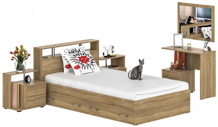 Камелия спальня № 13 Кровать с ящиками 1200 + Две тумбы + Стол косметич. + Зеркало, цвет дуб сонома, сп.м. 1200х2000 мм., б/м, основание есть