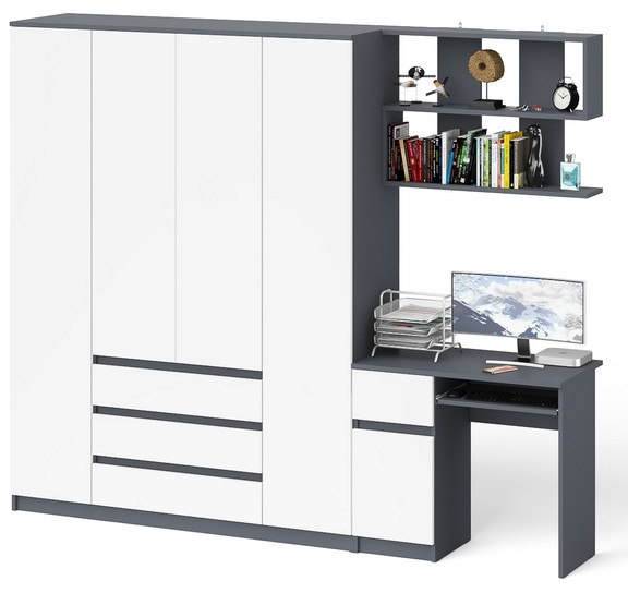 Мори Стол компьютерный МС-1 правый + Шкаф МШ1600.1 + Полка 900, цвет графит/белый, ШхГхВ 250,4х50,4х209,6 см., НЕ универсальная сборка