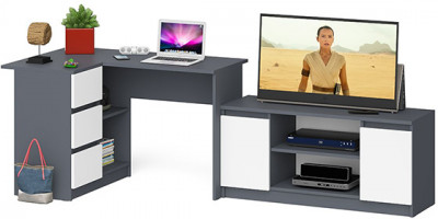 Мори Стол компьютерный МС-16 левый + Тумба МТВ1200.1, цвет графит/белый, ШхГхВ 244,8х84,9х76,6 см., выдвижные ящики слева, НЕ универсальная сборка