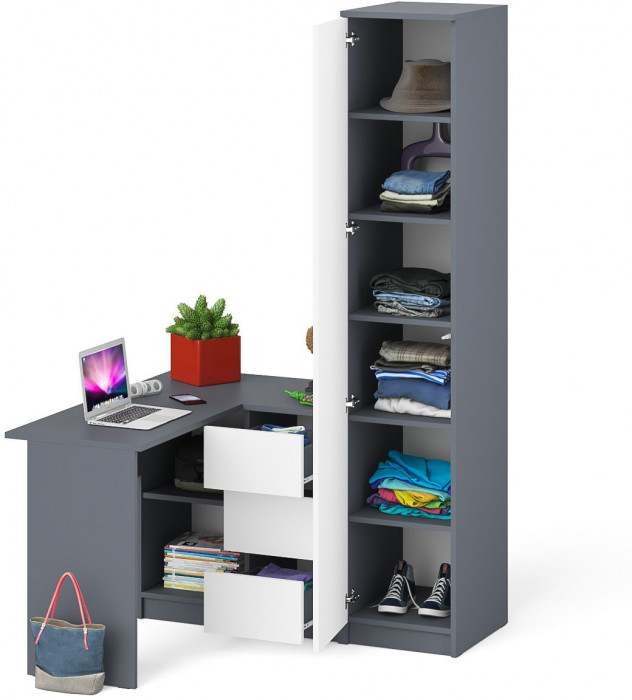 Мори Стол компьютерный МС-16 правый + Пенал МШ400.1, цвет графит/белый, ШхГхВ 164,8х84,9х209,6 см., выдвижные ящики справа, НЕ универсальная сборка