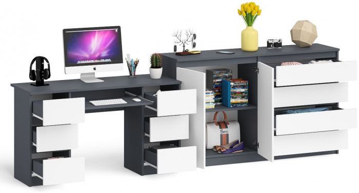 Мори Стол компьютерный МС-2 + Комод МК1600.1, цвет графит/белый, ШхГхВ 295,8х50х94 см., универсальная сборка