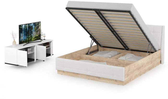 Муссон Кровать 11.28 + подъёмный ортопед + Тумба под ТВ Квадро 13.276, цвет белый/чёрный/дуб эндгрейн элегантный/кожзам белый, 1600х2000 мм., б/м
