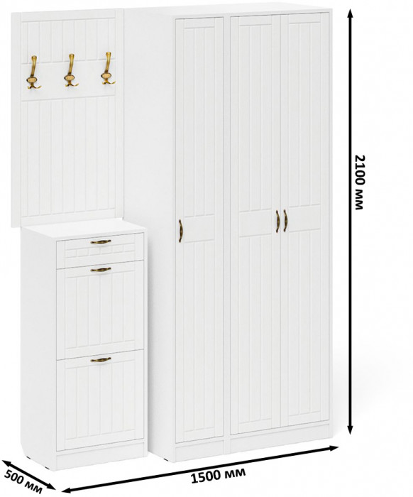 Прихожая П-6 Компоновка № 50, цвет белая шагрень/фасады МДФ белое дерево фрезеровка прованс, ШхГхВ 150х50х210 см., универсальная сборка