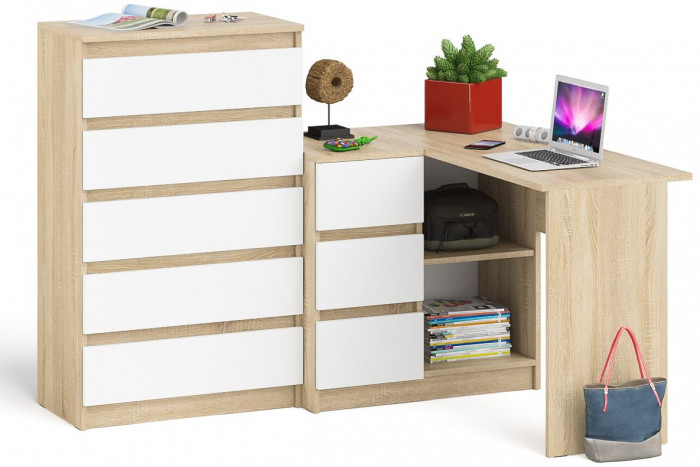 Мори Стол компьютерный МС-16 левый + Комод МК700.5, цвет дуб сонома/белый, ШхГхВ 194,8х84,9х114 см., выдвижные ящики слев, НЕ универсальная сборкаа
