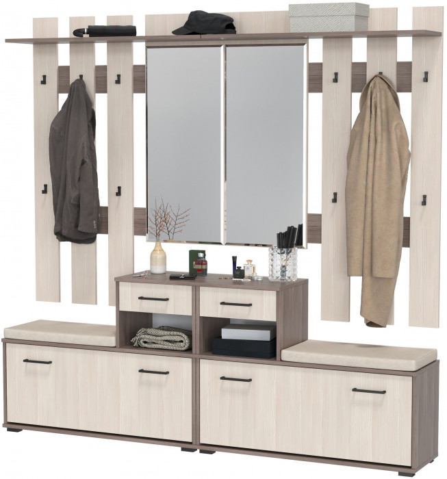 Лира ГК Прихожая 2 Два х Тумба под обувь + Два х Вешалка с зеркалом, цвет бодега тёмный/бодега светлый, ШхГхВ 200х33х185 см., универсальная сборка