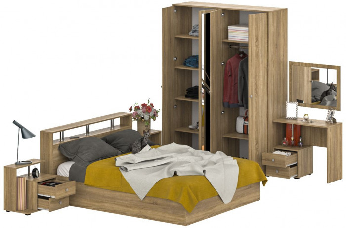 Камелия спальня № 2 Кровать 1600 + Две тумбы + Стол косметич. + Зеркало + Шкаф 4-х, цвет дуб сонома, сп.м. 1600х2000 мм., б/м, осн. есть