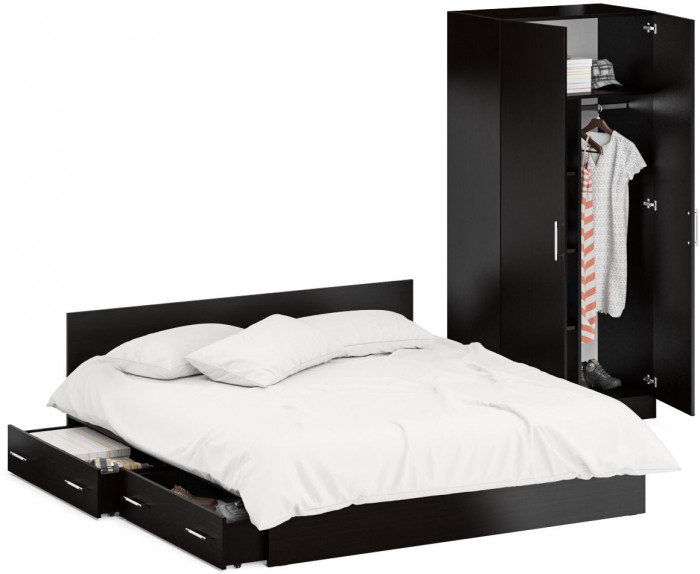 Кровать с ящиками 1800 + Шкаф 2-х створчатый Стандарт, цвет венге, ШхГхВ 183,5х203,5х70 + 90х52х200 см., сп.м. 1800х2000 мм., б/м, основание есть