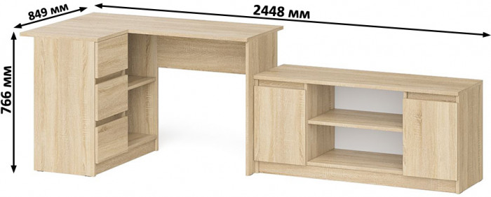Мори Стол компьютерный МС-16 левый + Тумба МТВ1200.1, цвет дуб сонома, ШхГхВ 244,8х84,9х76,6 см., выдвижные ящики слева, НЕ универсальная сборка