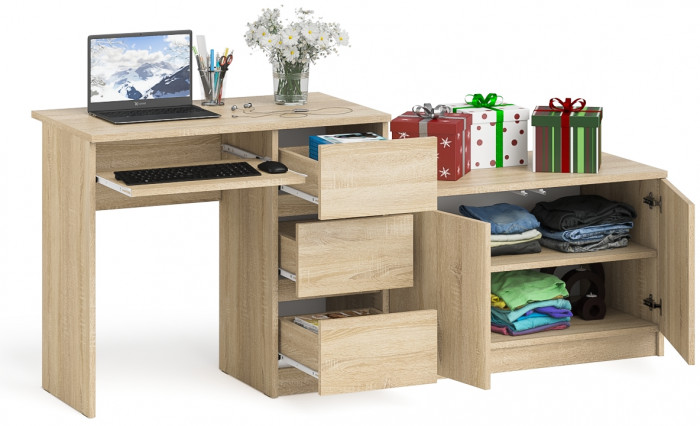 Мори Стол компьютерный МС-6 правый + Тумба МА900.1, цвет дуб сонома, ШхГхВ 180,4х50,4х76,6 см., выдвижные ящики справа, НЕ универсальная сборка