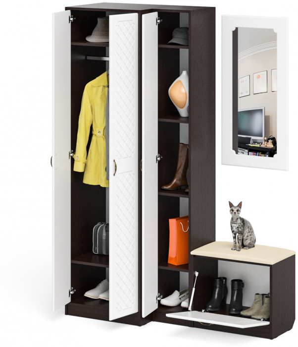 Прихожая П-6 Компоновка № 26, цвет венге/фасады МДФ белое дерево фрезеровка ромб, ШхГхВ 150х50х210 см., универсальная сборка