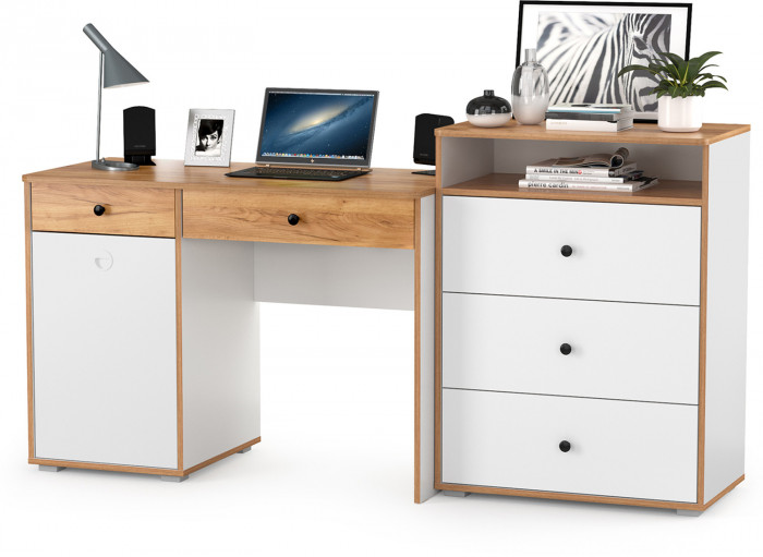 Вуди письменный стол 12.42 + Комод 13.293, белый премиум/дуб крафт золотой