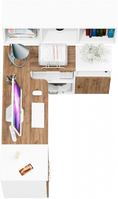 Лидер-8 Стол + Полка + Тумба МД 3.16 + Тумба МД 3.19, белый шагрень/крафт золото