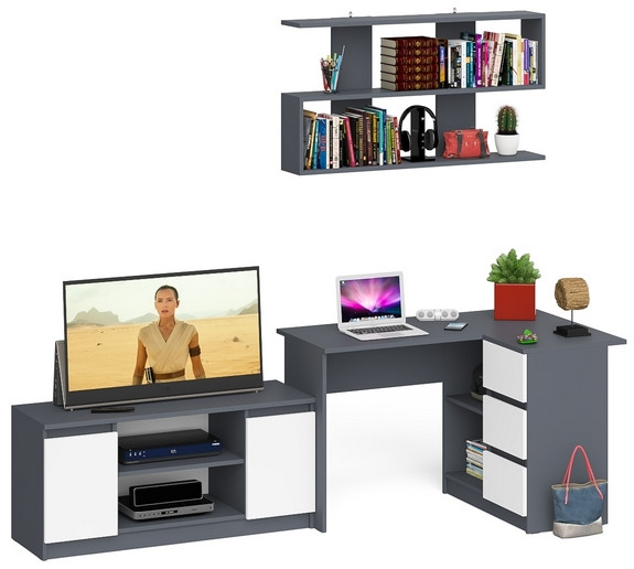 Мори компьютерный стол МС-16 правый + Тумба МТВ1200.1 + Полка 1200, графит/белый