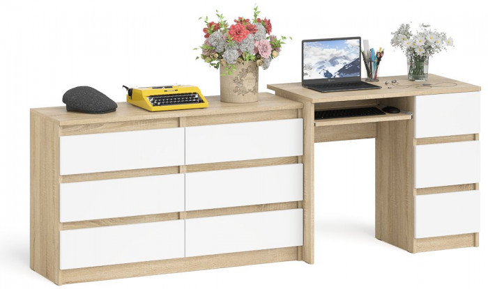 Мори Стол компьютерный МС-6 правый + Комод МК1200.6, цвет дуб сонома/белый, ШхГхВ 210,4х50х76,6 см., выдвижные ящики справа, НЕ универсальная сборка