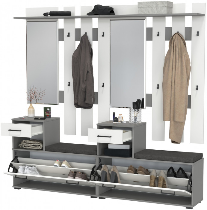 Лира ГК Прихожая 2 Два х Тумба под обувь + Два х Вешалка с зеркалом, цвет графит/белый, ШхГхВ 200х33х185 см., универсальная сборка
