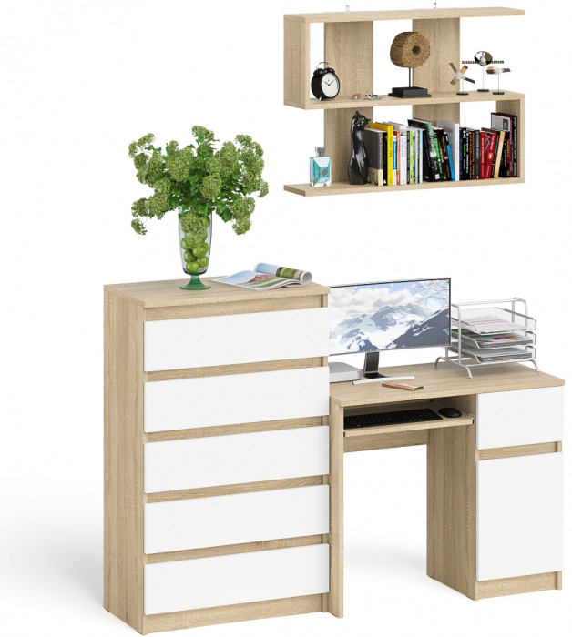 Мори Стол компьютерный МС-1 правый + Комод МК700.5 + Полка 900, цвет дуб сонома/белый, ШхГхВ 160,4х50х209,6 см., НЕ универсальная сборка