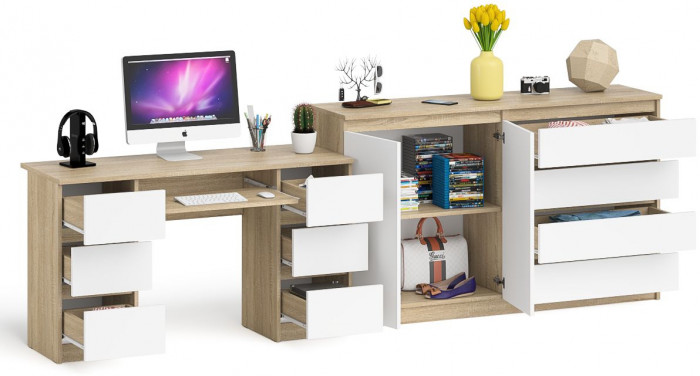 Мори Стол компьютерный МС-2 + Комод МК1600.1, цвет дуб сонома/белый, ШхГхВ 295,8х50х94 см., универсальная сборка