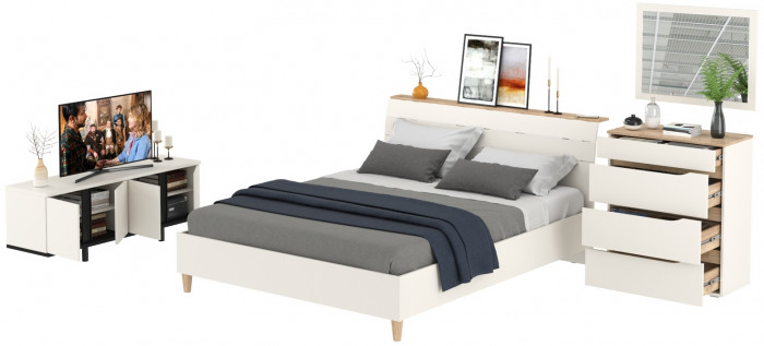 Муссон Кровать 11.41 + ортопед + 13.97 + Зеркало СВК + Тумба ТВ 13.276, цвет белый/чёрный/дуб эндгрейн элегантный, сп. м. 1600х2000 мм., б/м