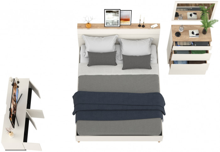 Муссон Кровать 11.41 + ортопед + 13.97 + Зеркало СВК + Тумба ТВ 13.276, цвет белый/чёрный/дуб эндгрейн элегантный, сп. м. 1600х2000 мм., б/м